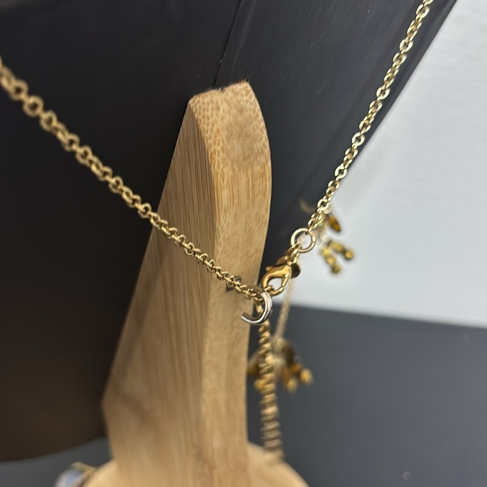 Signed J Crew Gold Tone Dangle Faux Tortoise & Colored Rhinestones Necklace - Picture 4 of 11
